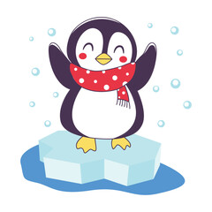 Cute Penguin Animal Cartoon Character Wearing Scarf Standing on Polar Ice with Happy Expression