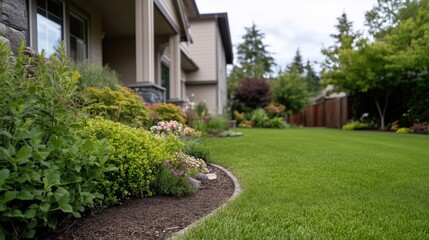 Obraz premium Spring front yard landscape design with multicolored shrubs for outdoor aesthetic enhancement