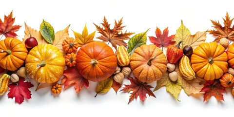 Gourds and autumn leaves form a delicate frame on a snowy white backdrop, evoking the warmth and coziness