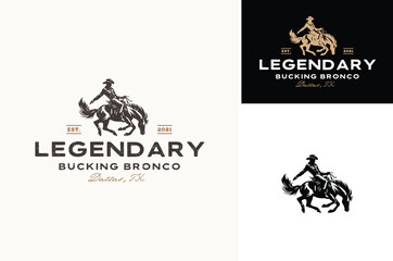 A Cowboy Rodeo Ride a Bucking Bronco Horse for Classic Vintage Western Country Wild West label logo design