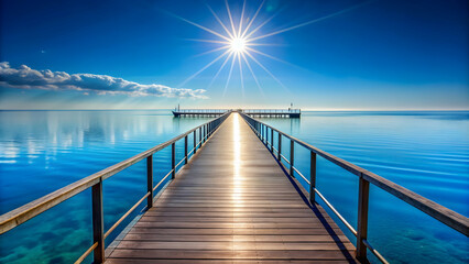 Fototapeta premium Pier extending into azure sky sea with stunning mirrored reflection of ocean depth and midday sun, pier, azure, sky