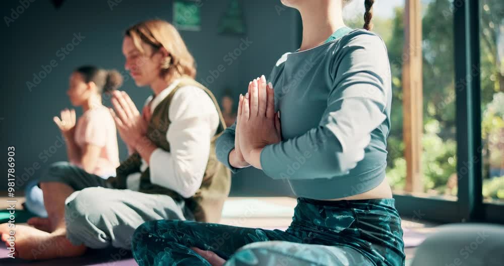 Wall mural Women, group and meditation at yoga club for wellness, breathing and peace on floor with mindfulness, People, friends and diversity with lotus, health and zen with prayer hands in morning at class