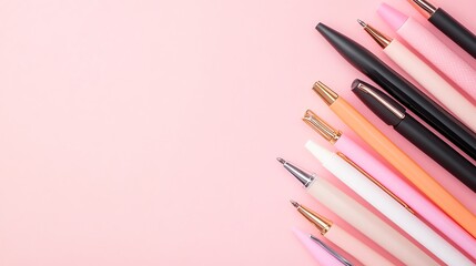 A collection of colorful pens arranged diagonally on a soft pink background, showcasing various designs and vibrant hues.