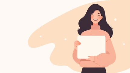 Flat vector illustration of a smiling woman holding a laptop, wearing a cozy sweater against a minimalist background with copy space on the side.
