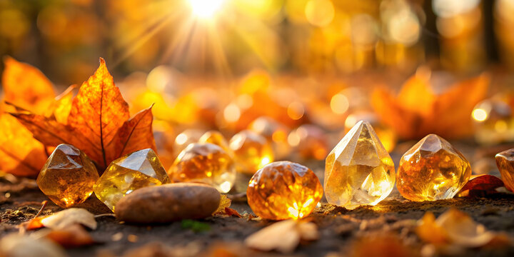 Array of citrine stones on sunlit forest floor surrounded by autumn leaves, symbolizing abundance and joy, citrine, stones, sunlit