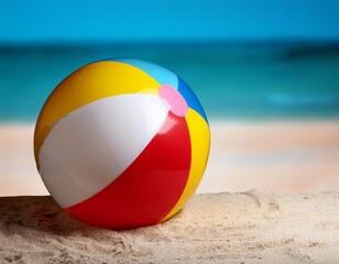 Isolated beach ball with depth of field on a sandy summer background