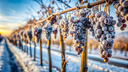 Frozen grapes hanging on vine in a vineyard during winter , frosty, ice, frost, icy, vineyard, farming, agriculture, harvest, winter