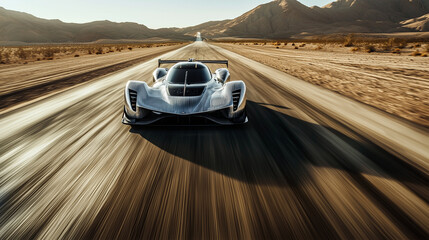 Obraz premium Silver Race Car on Desert Road, Speed Lines and Motion Photography