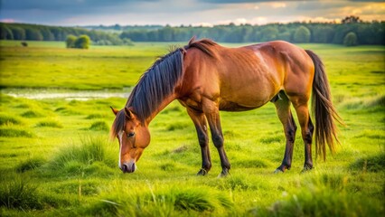 Obraz premium In a peaceful green meadow, a horse is captured mid-urination, illustrating natural equine behavior amidst the lush