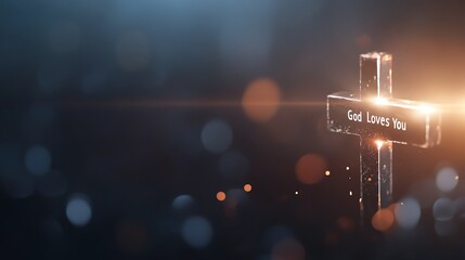 Naklejka premium Inspirational Christian cross with glowing light, 'God Loves You' message, blurred bokeh background, spiritual faith, and hope theme, 3D rendering.