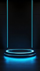 A dimly lit room with a glowing podium in the center, illuminated by blue neon lights. The background is black, and there are no other text or elements on it.