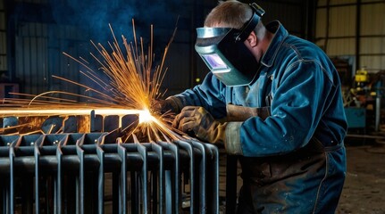 Welder working on a metal frame with protect