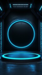 A dimly lit room with a glowing podium in the center, illuminated by blue neon lights. The background is black, and there are no other text or elements on it.