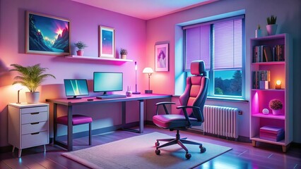 In a whimsical space, a hot pink desk and teal accents reign supreme, anchored by a plush gaming