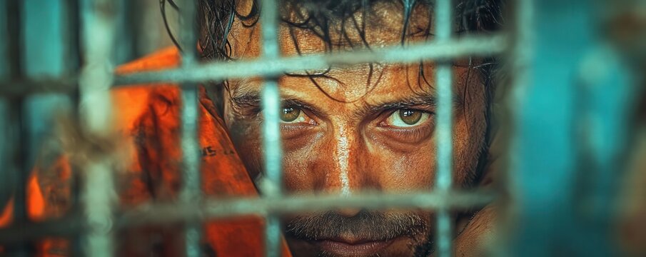 Intelligent prisoner studying through the small grate of their cell door, solid background, ample copy space for text, education and growth in incarceration concept