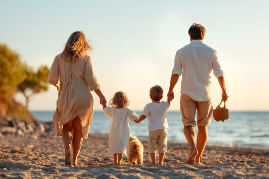 A serene beach scene showing a family of four, including parents and two children, walking with their dog during a golden sunset, highlighting family unity and tranquil beach vibes.