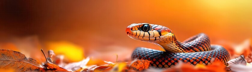 Fototapeta premium Snake coiled on a forest floor, its vibrant scales camouflaging with autumn leaves, capturing nature's adaptability and harmony