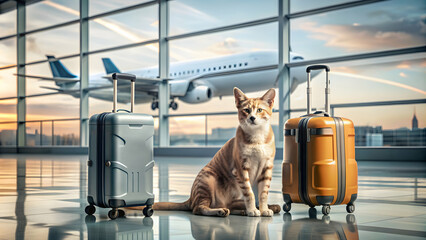 Creative scene at an airport with a cat and dog sitting near luggage, ready for air travel , journey, companions, pets, cat
