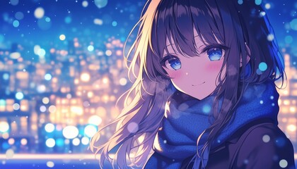 Fototapeta premium A girl with long hair, smiling and looking at the camera, wearing blue with a scarf around her neck, set against a city night view in winter, illustrated in anime style with a snowy aesthetic.