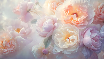Obraz premium Soft, blooming peonies and roses in pastel shades, adding a delicate and feminine touch