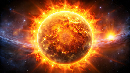 Blazing sun with fiery surface and solar flares erupting into space , Sun, fiery, solar flares, chromosphere, energy waves