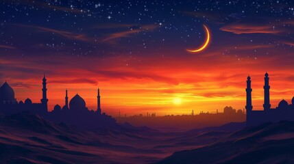 Naklejka premium 9. A peaceful desert sunset scene with a crescent moon and star, evoking the spirituality of Isra Miraj and Namaz, complemented by the majestic silhouettes of Masjid Aqsa and Kaaba