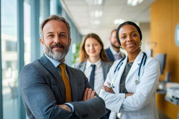 A diverse group of professionals, including a doctor, confidently pose together in a modern office hallway, symbolizing diversity, teamwork, and career dedication.