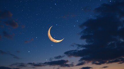 19. A peaceful night sky adorned with a crescent moon and shimmering stars, perfect for a Ramadan greeting card, capturing the essence of the holy month