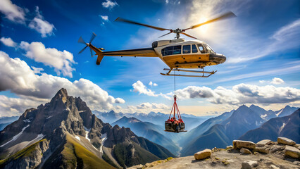 Helicopter airlifting heavy construction equipment to a remote mountain range , helicopter, airlift