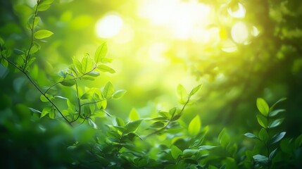 31. A lush summer forest bathed in morning sunlight, with sun rays piercing through the fresh green foliage and branches, leaves gently waving in the wind, creating a beautiful bokeh background