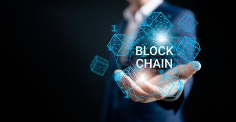 a Businessman connecting to blockchain global networking, Token money bank bitcoin, cloud data network connect and transfer asset digital, cyber security binary coded, Blockchain technology concept.