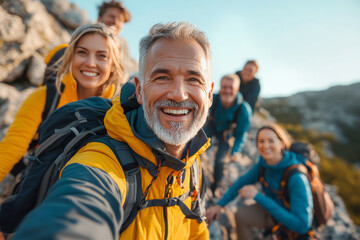 This image shows a lively group ascending rocky trails in bright skies, illustrating teamwork's joy and a vibrant sense of adventure, with a senior lead.