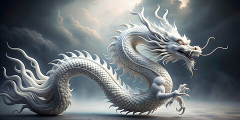 Fototapeta premium Majestic white Chinese dragon with intricate scales , mythical creature, Asian legend, dragon boat, traditional