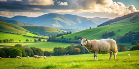 Serene sheep grazing in lush green field with hills in background, farm, agriculture, rural, countryside, spring, livestock