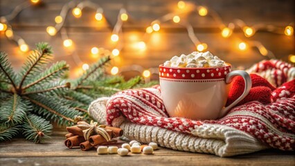 Cozy Christmas sweater and hot cocoa with marshmallows in a festive winter scene, Christmas, sweater, cozy, hot cocoa