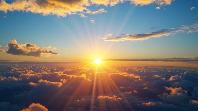 59. Timelapse in 4K of a sunrise from a mountain top, featuring the sun breaking through clouds, with golden light spreading across warm clouds and a bright blue sky