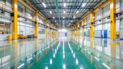Fototapeta premium Industrial floor coated with self leveling epoxy resin in factory setting, epoxy, resin, coating, floor