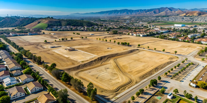 Aerial view of graded dirt lots ready for new tract home construction in Los Angeles County California , aerial