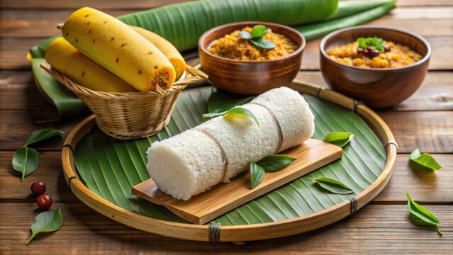 Traditional South Indian breakfast puttu served with banana and kadala curry, prepared in bamboo steamer , South Indian