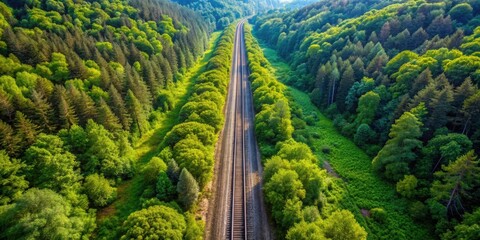 Aerial view of railway cutting through lush summer forest, railway, train, tracks, transportation, summer, forest
