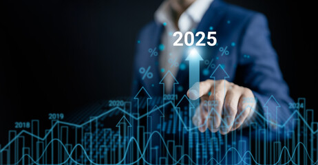 Businessman pointing to arrow up virtual to forecast and analyze the stock market and economic with...