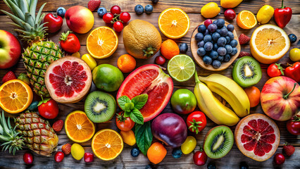 A colorful and vibrant image featuring various types of fruits on a mifes table , fruit, healthy eating, food, variety