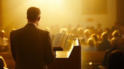 86. A minister stands at the pulpit, leading the congregation in prayer, with the Bible open in front of him, bathed in soft, warm light. The focus is on the holy book, symbolizing guidance and faith
