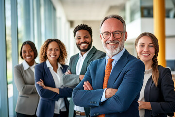 Fototapeta premium A diverse group of business professionals, including two women and three men, stand in a bright office space, emphasizing unity, professionalism, and success.