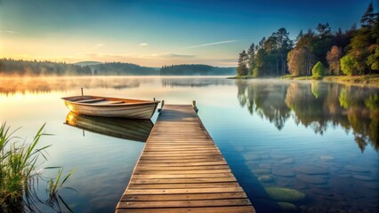 Obraz premium Small wooden dock and boat floating peacefully on a tranquil lake, nature, water, peaceful, serene, reflection, wooden, pier