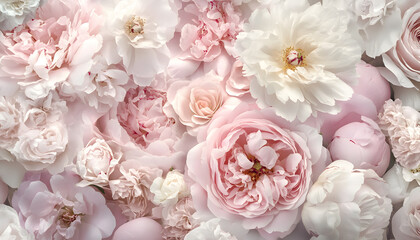 Soft, blooming peonies and roses in pastel shades, adding a delicate and feminine touch