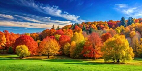 Autumn landscape with colorful trees under a clear blue sky, autumn, landscape, trees, leaves, colorful, nature, season