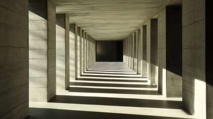 92. Sunlight casts dynamic shadows in a sleek, contemporary concrete hallway, with the changing light patterns creating a sense of movement and architectural elegance