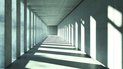 92. Sunlight casts dynamic shadows in a sleek, contemporary concrete hallway, with the changing light patterns creating a sense of movement and architectural elegance