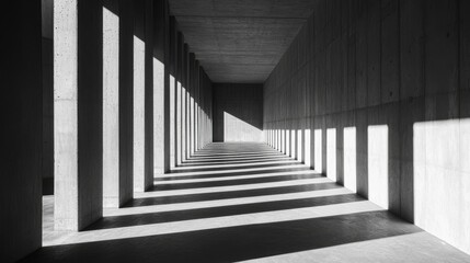 Fototapeta premium 93. Detailed view of a modern concrete hall, with shifting sun shadows creating an ever-changing pattern on the minimalist surfaces, emphasizing the harmony of light and architecture